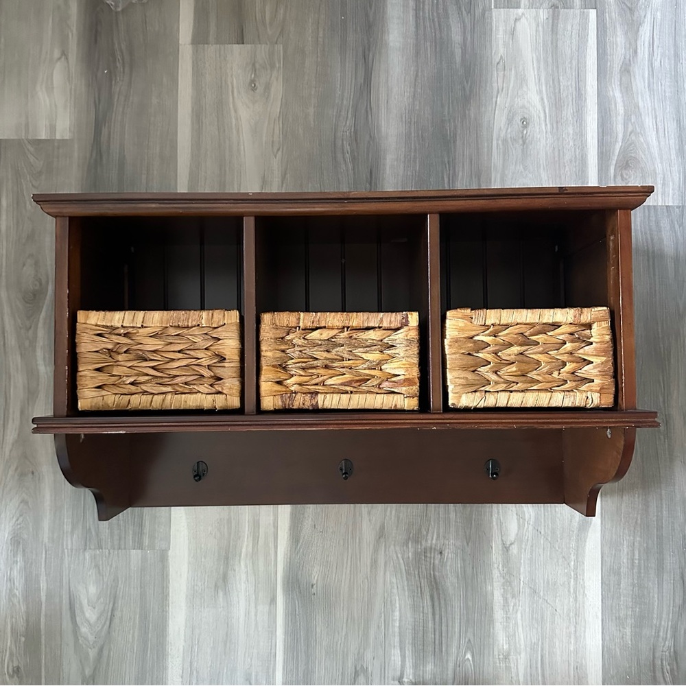 Brown Wall Shelf with Wicker Baskets & hooks